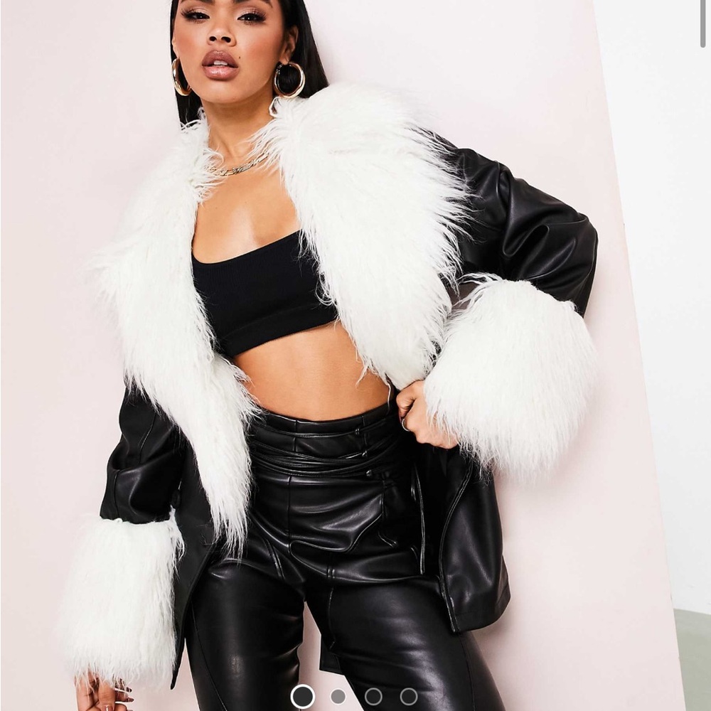 ASOS LUXE Faux Leather Faux Fur Fuzzy Shearling Collar Black White Size 6 Medium